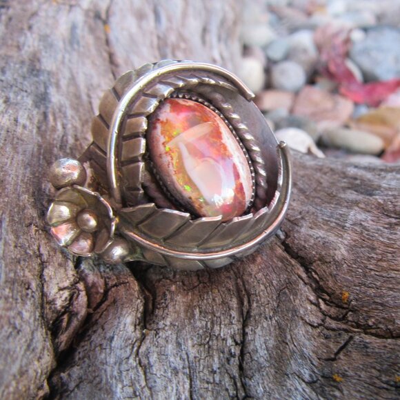 Rare High Horse Silver Exquisite Custom Huge Flashy Mexican Fire Opal Ring .925 - Picture 7 of 14